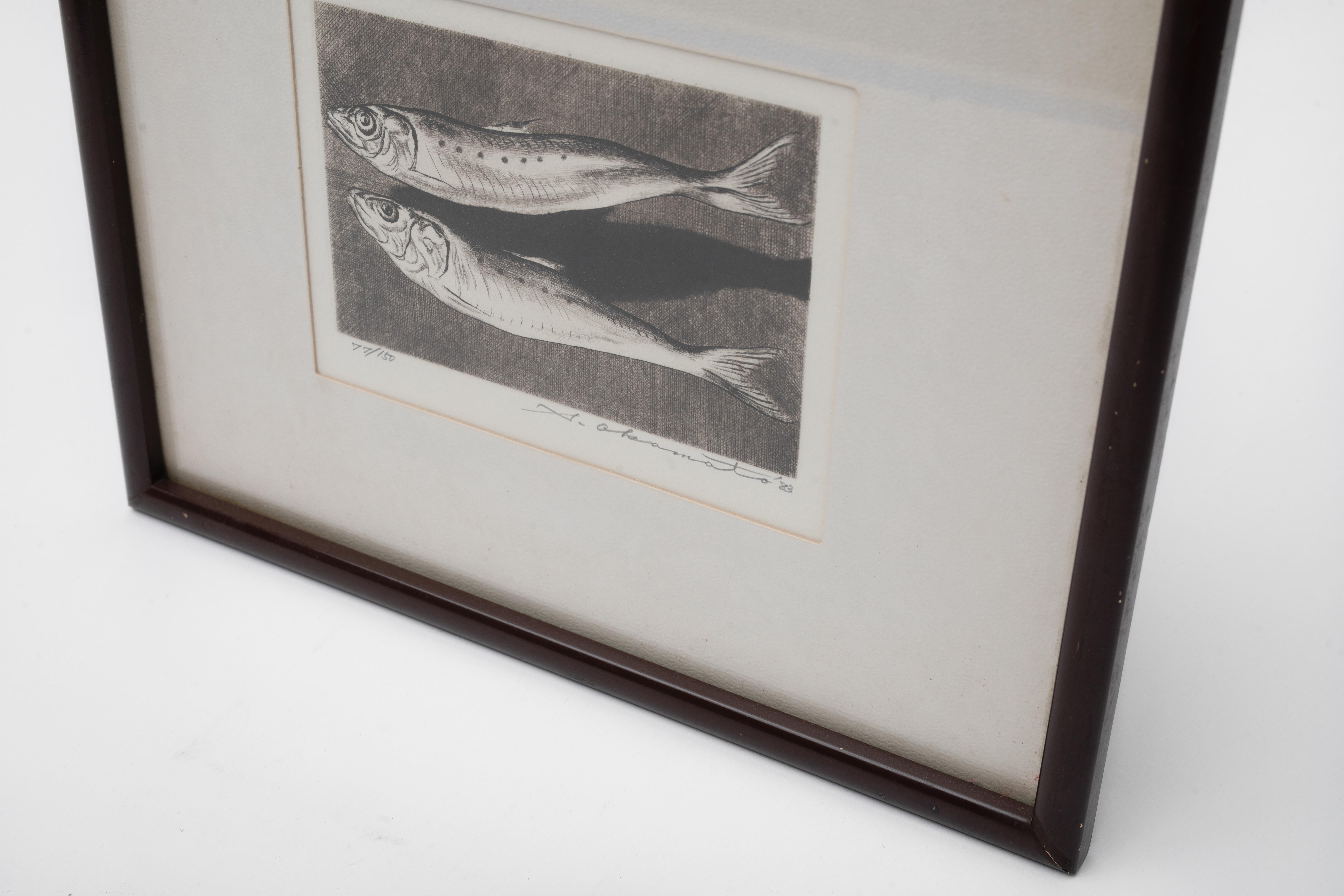 Hand-Painted Shogo Okamoto 20th Century Japanese Fish Signed Copperplate Print For Sale
