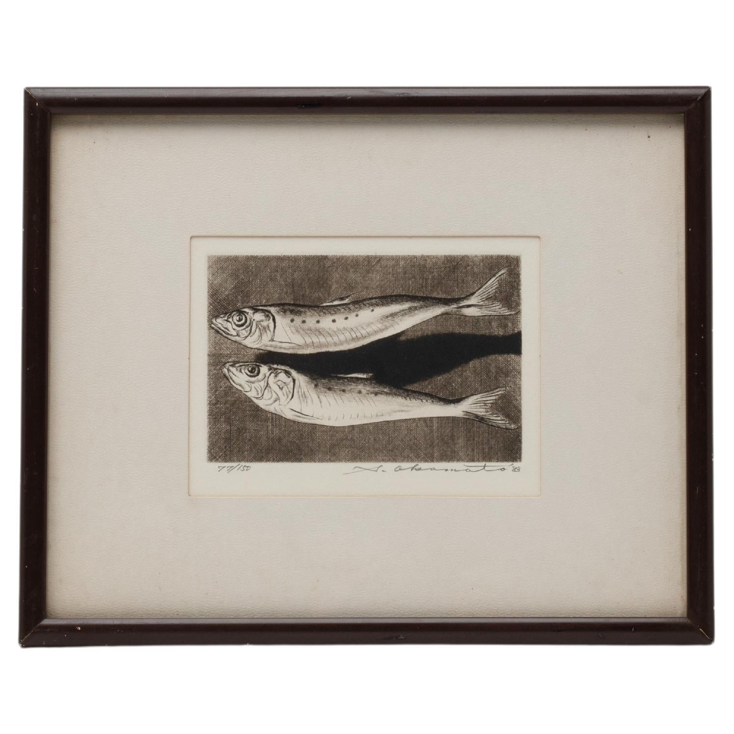 Shogo Okamoto, 20e siècle, poisson japonais, imprimé plaque de cuivre signé en vente