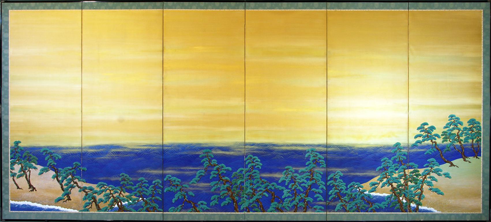 Six-panel Japanese screen painted with pigments on rice paper.
Pleasant summer landscape by the sea with pine trees and foaming waves on the beach.
