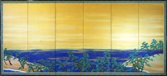 20th Century Japanese Folding Screen Sea Landscape Pine Trees Waves on the Beach