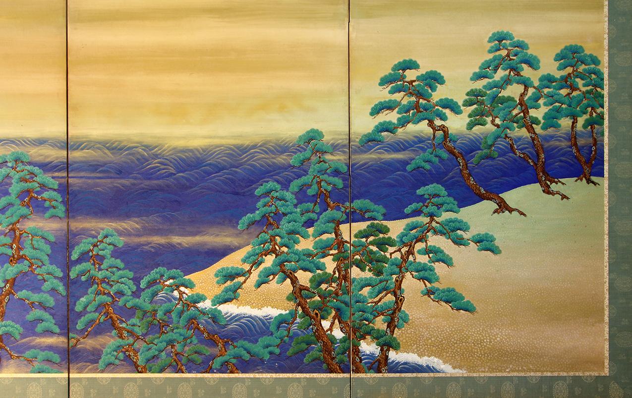 Taisho 20th Century Japanese Folding Screen Sea Landscape Pine Trees Waves on the Beach