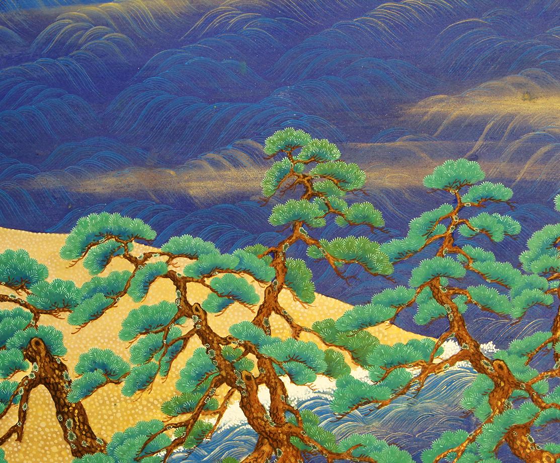 Painted 20th Century Japanese Folding Screen Sea Landscape Pine Trees Waves on the Beach