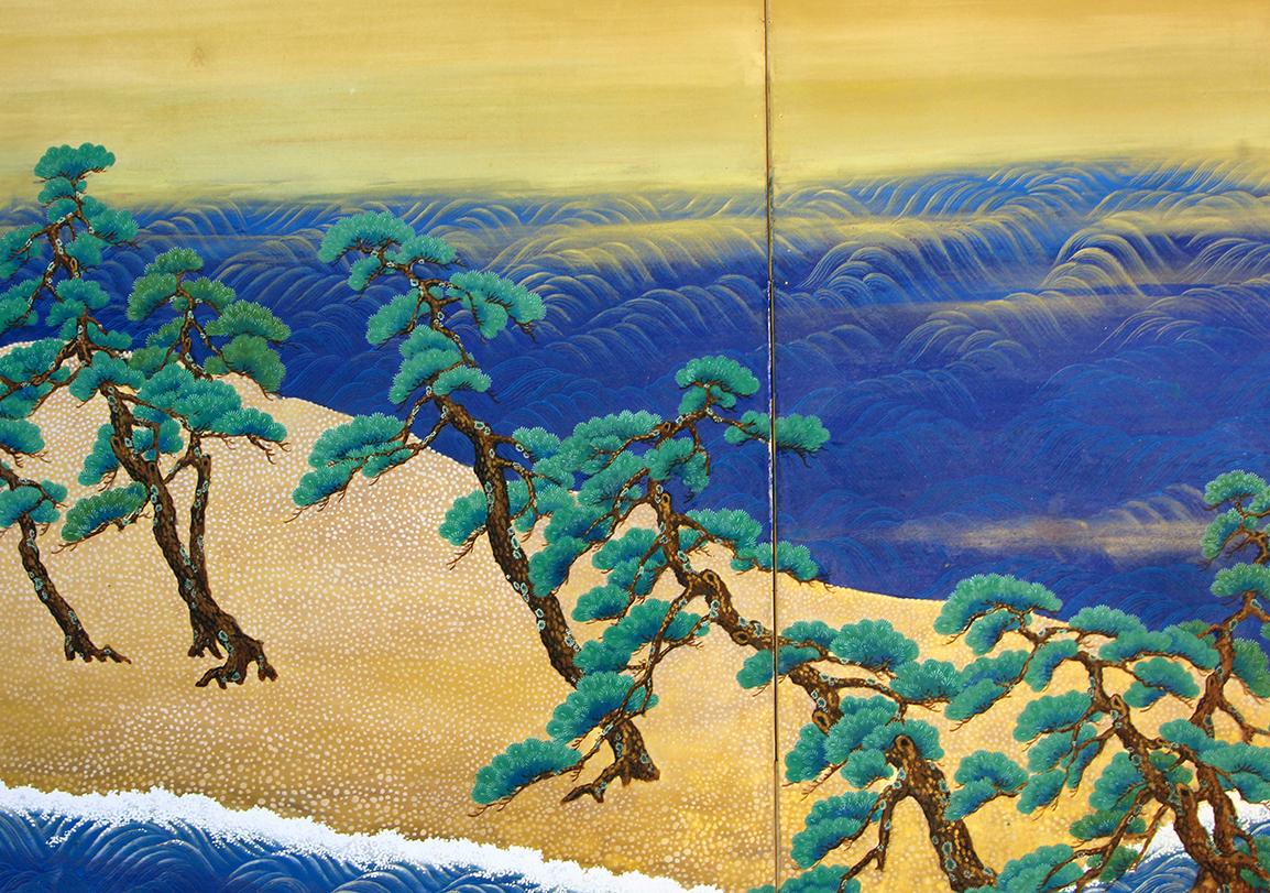 Paper 20th Century Japanese Folding Screen Sea Landscape Pine Trees Waves on the Beach