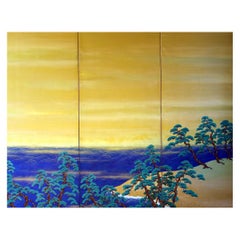 Antique 20th Century Japanese Folding Screen Sea Landscape Pine Trees Waves on the Beach