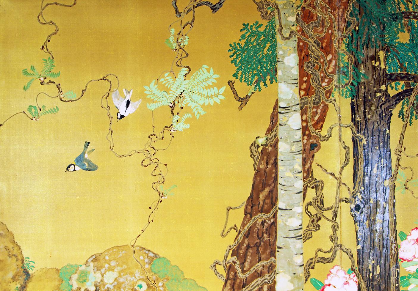 Thuja and birch trees, peonies and birds, Japanese folding screen with two panels painted on golden silk.