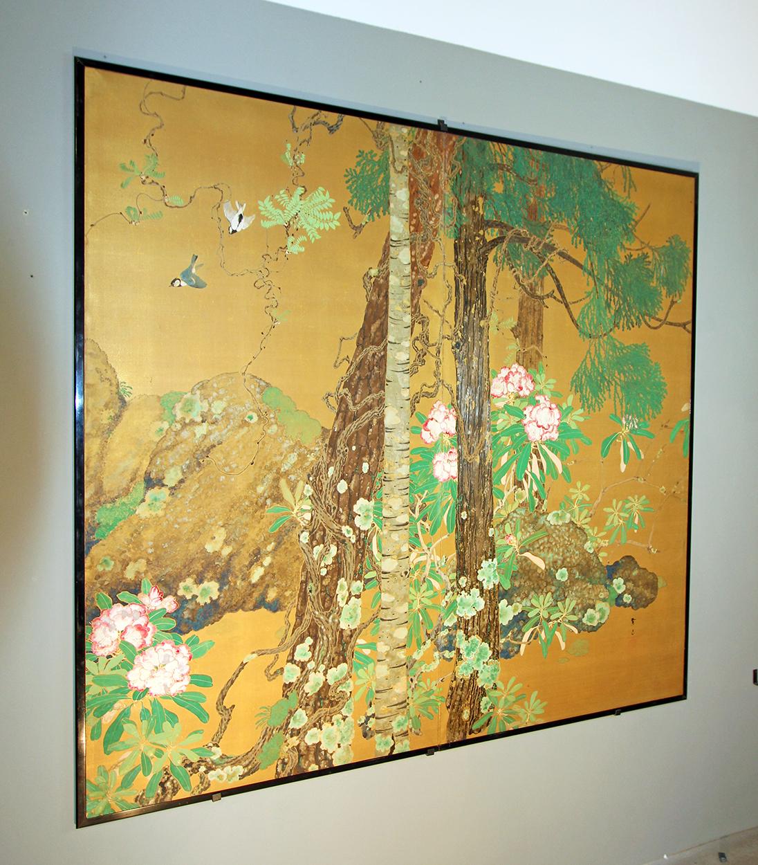 Meiji Early 20th Century Japanese Folding Screen Two Panels Hand Painted Golden Silk
