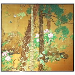 Early 20th Century Japanese Folding Screen Two Panels Hand Painted Golden Silk