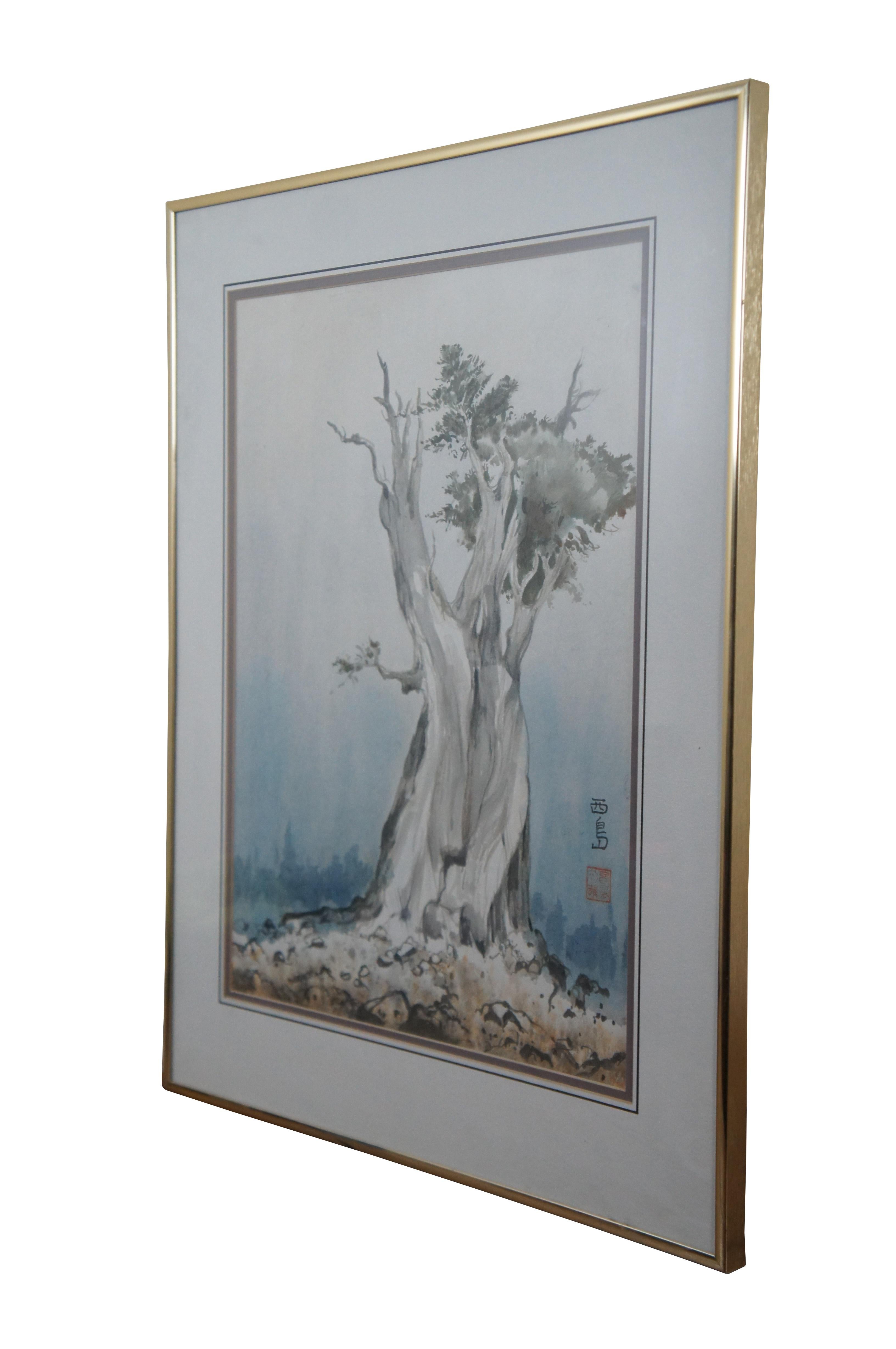 Vintage Japanese watercolor painting on paper depicting a somewhat barren pine tree with a thick trunk in rocky soil. Signed/stamped on right side. Framed in metallic gold frame. Signature translates to Nishijima

Dimensions:
21.25