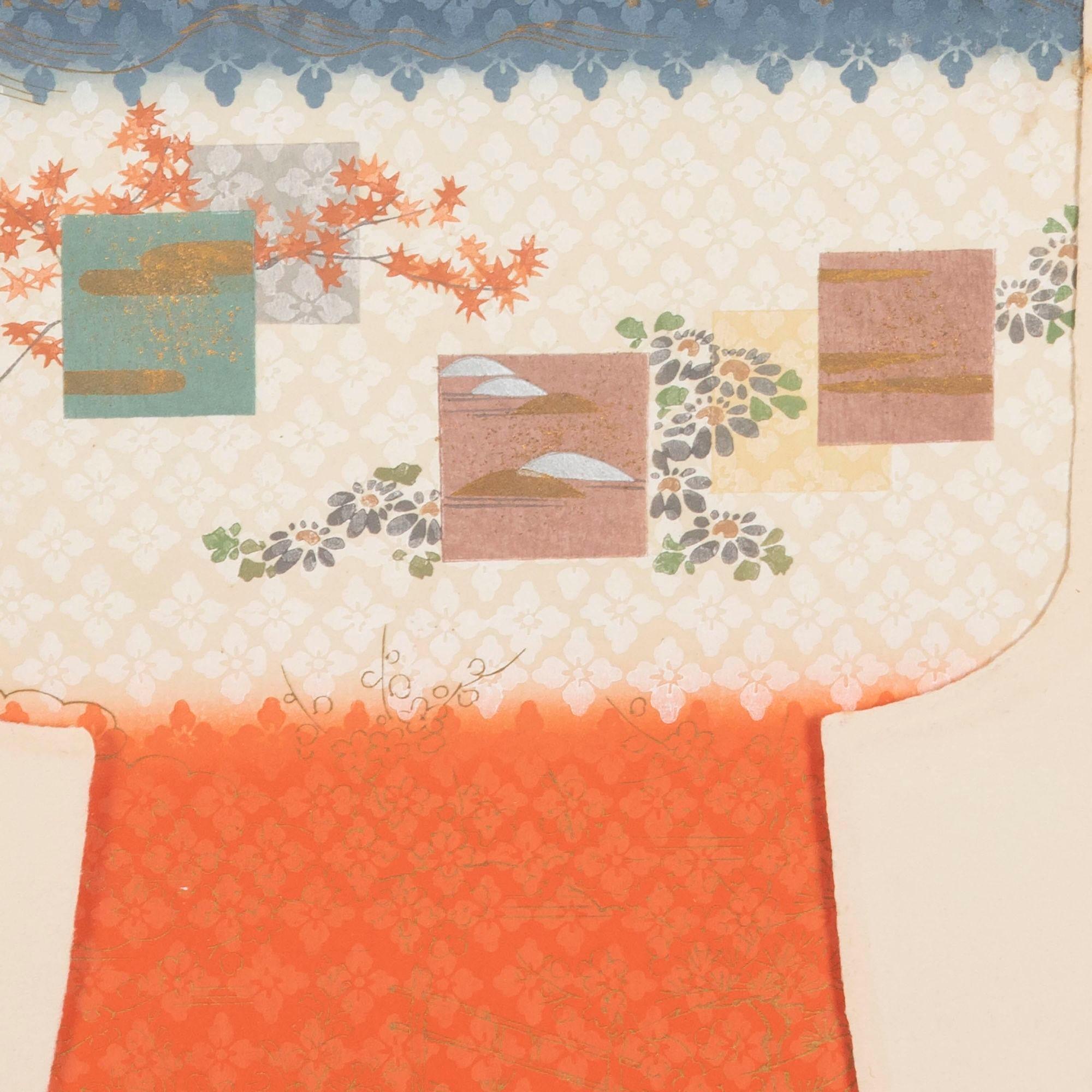 Collection of twelve exceptional 1930s Japanese woodblocks of textile designs in sumptuous colours. 
Enhanced in gold and silver leaf and mica to create the sheen of silk. Each print within original die-cut mounts in the shape of