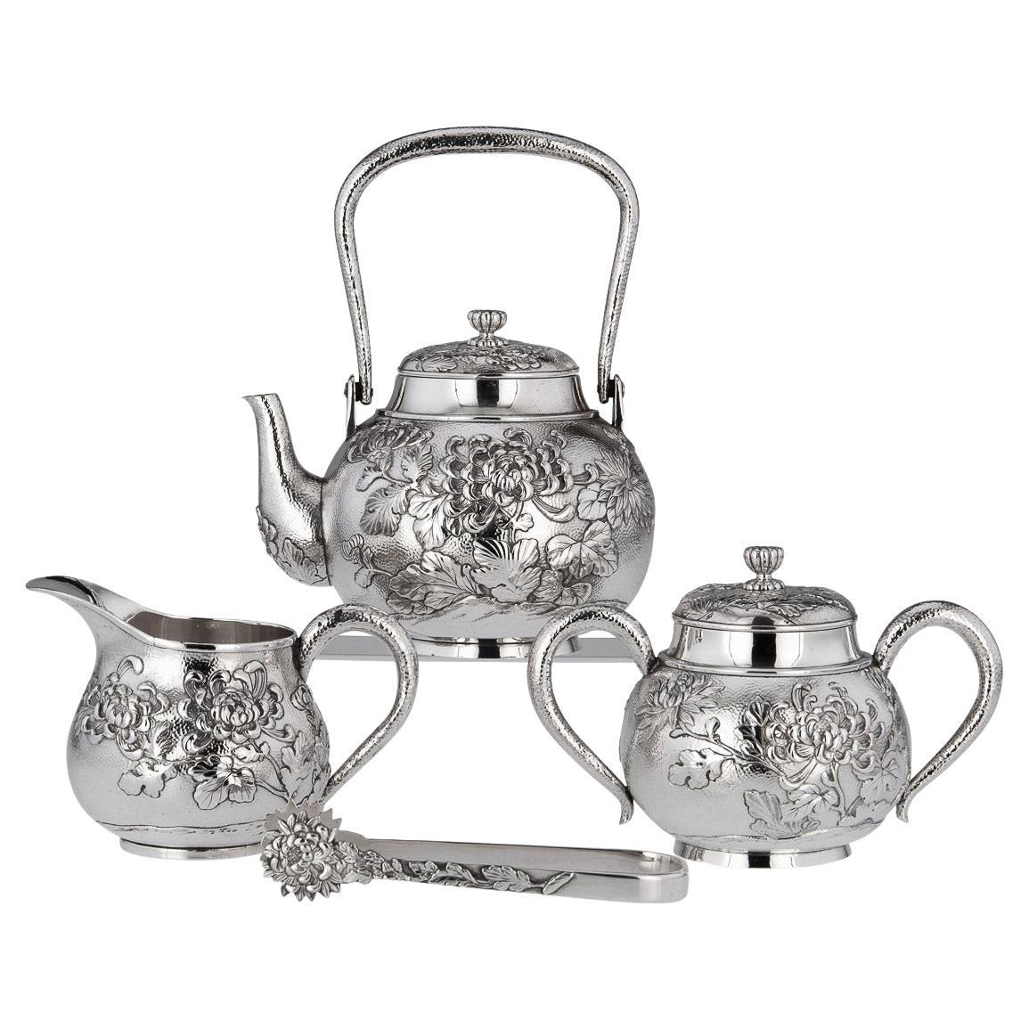 20th Century Japanese Meiji Solid Silver Four Piece Boxed Tea Service, c.1900