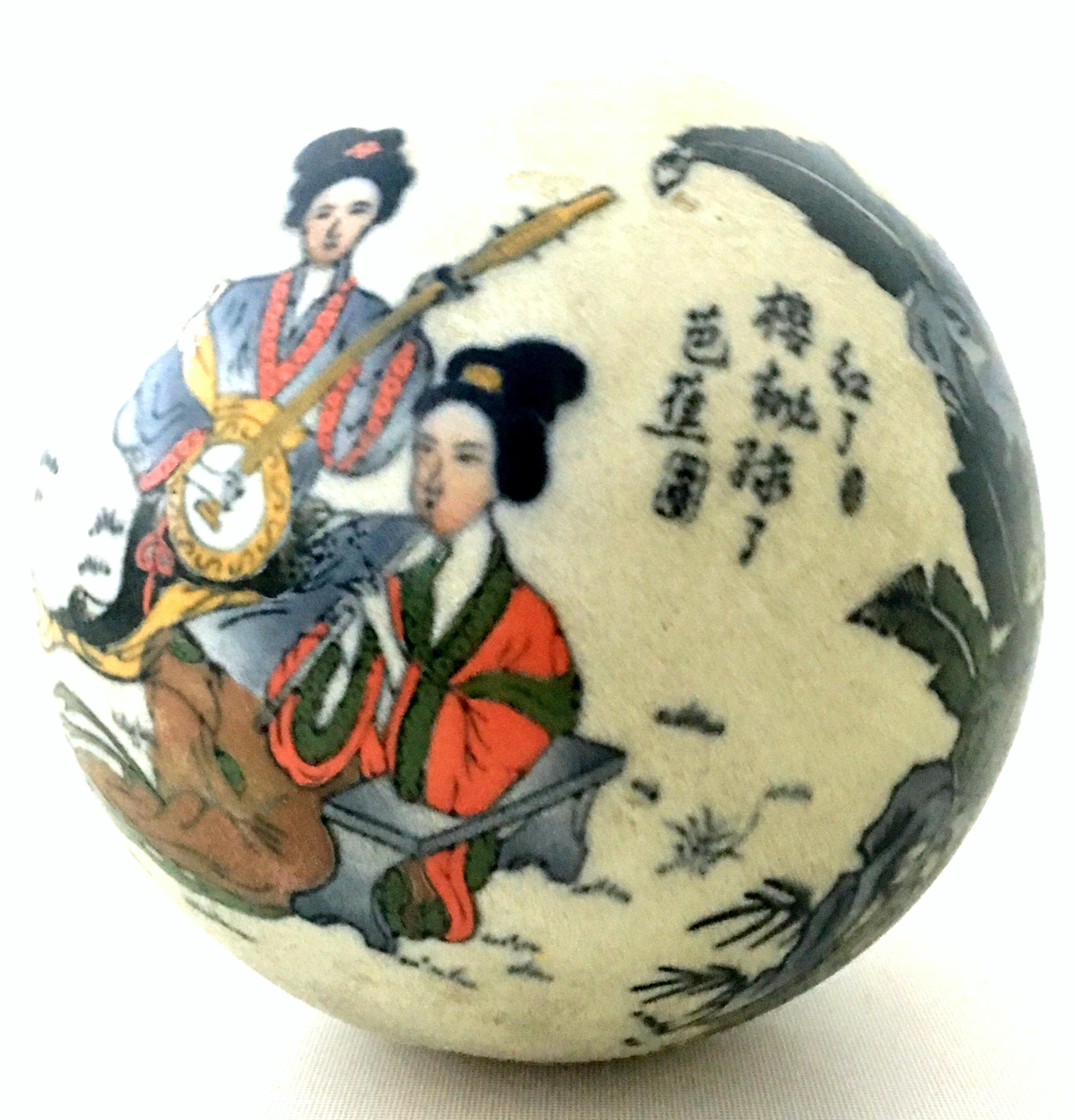 Hand-Painted 20th Century Japanese Satsuma Ceramic Geisha Sphere Sculpture and Stand For Sale