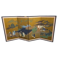 20th Century Japanese School Four Panel Painted Folding Table Screen 