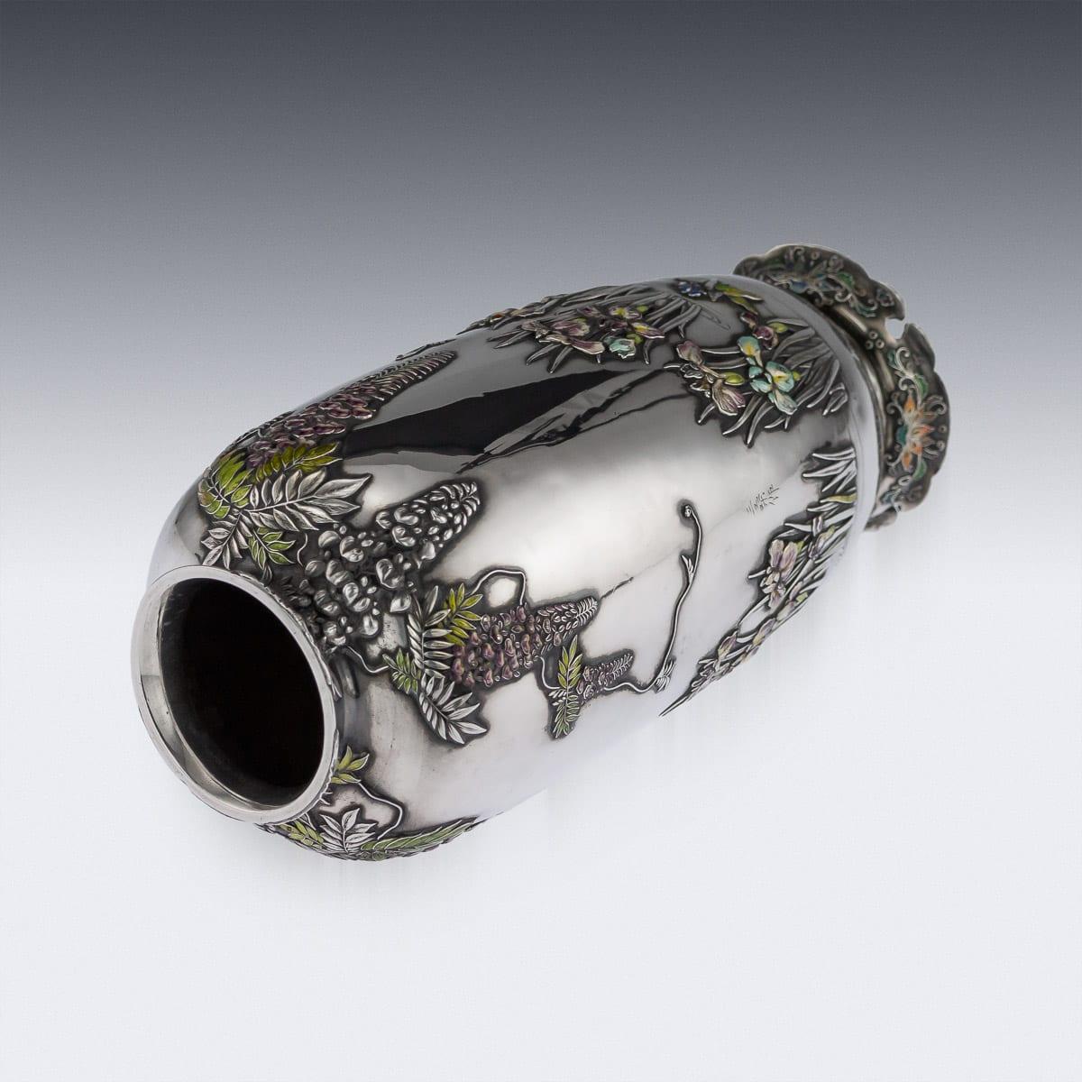 20th Century Japanese Silver and Enamel Vase, Sanju Saku, circa 1900 2