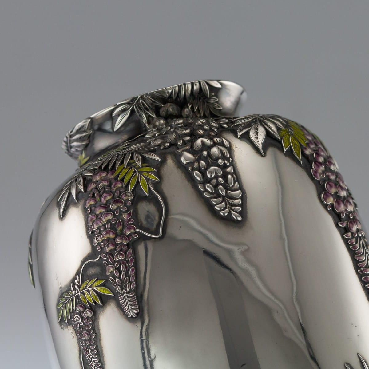 20th Century Japanese Silver and Enamel Vase, Sanju Saku, circa 1900 4