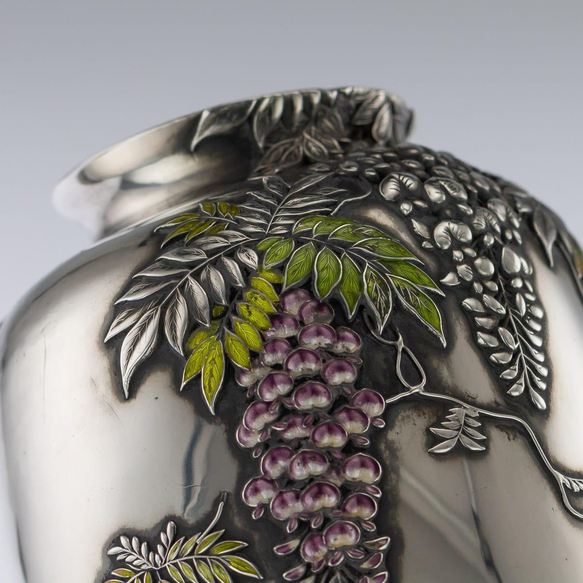 20th Century Japanese Silver and Enamel Vase, Sanju Saku, circa 1900 6