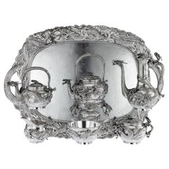 20th Century Japanese Silver Tea Service on Tray, Sanju Saku, circa 1900