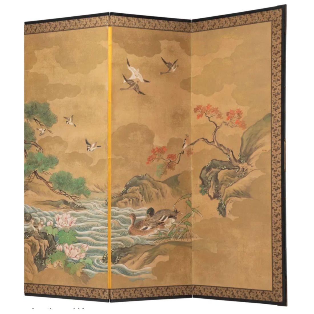 This 20th Century Japanese Six-Panel River Screen is a beautiful example of traditional Japanese screen art, featuring a serene river scene. These folding screens, known as byōbu in Japanese, were historically used as both decorative elements and