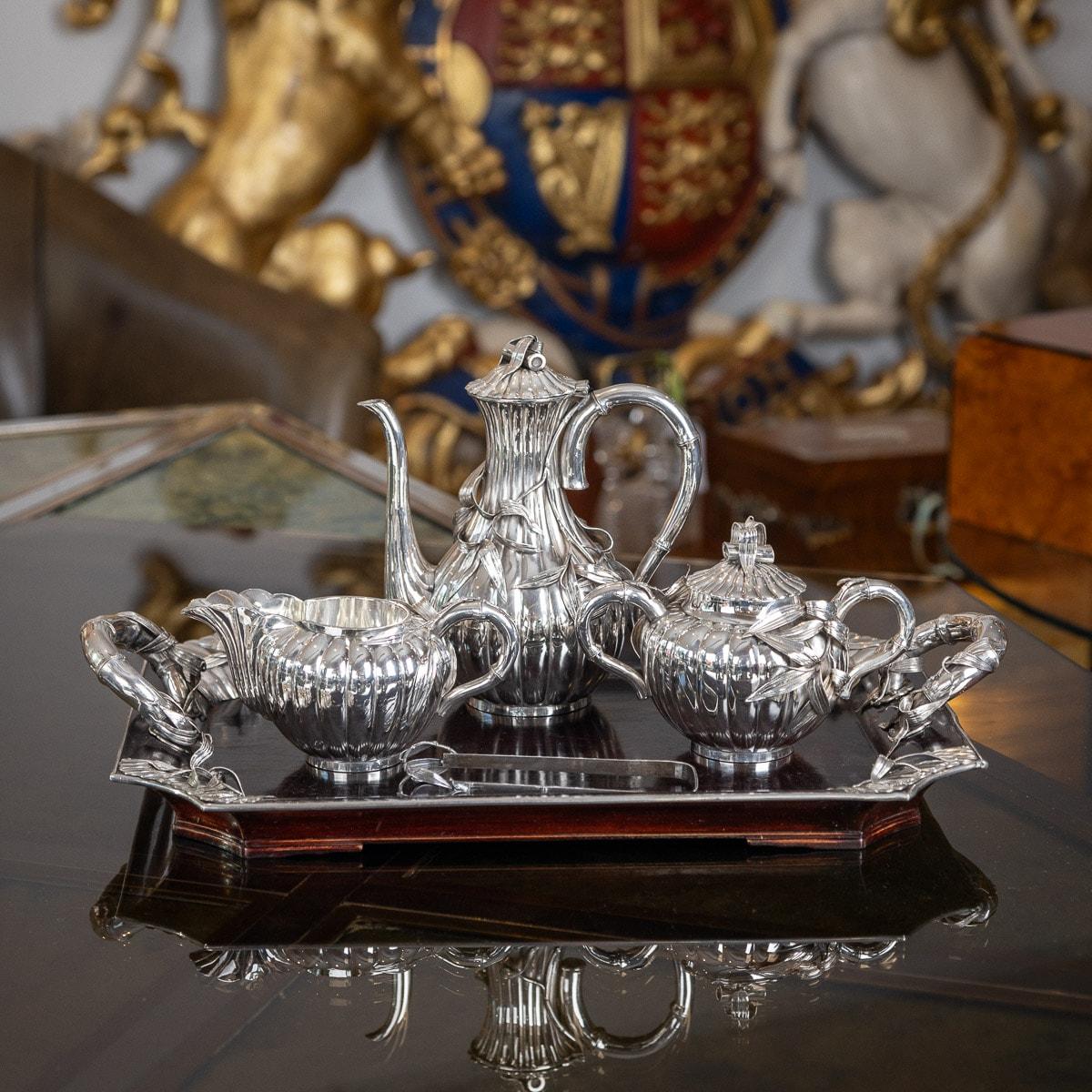 20th Century Japanese Solid Silver Coffee Set On Tray, Arthur & Bond, c.1900 In Good Condition For Sale In Royal Tunbridge Wells, Kent