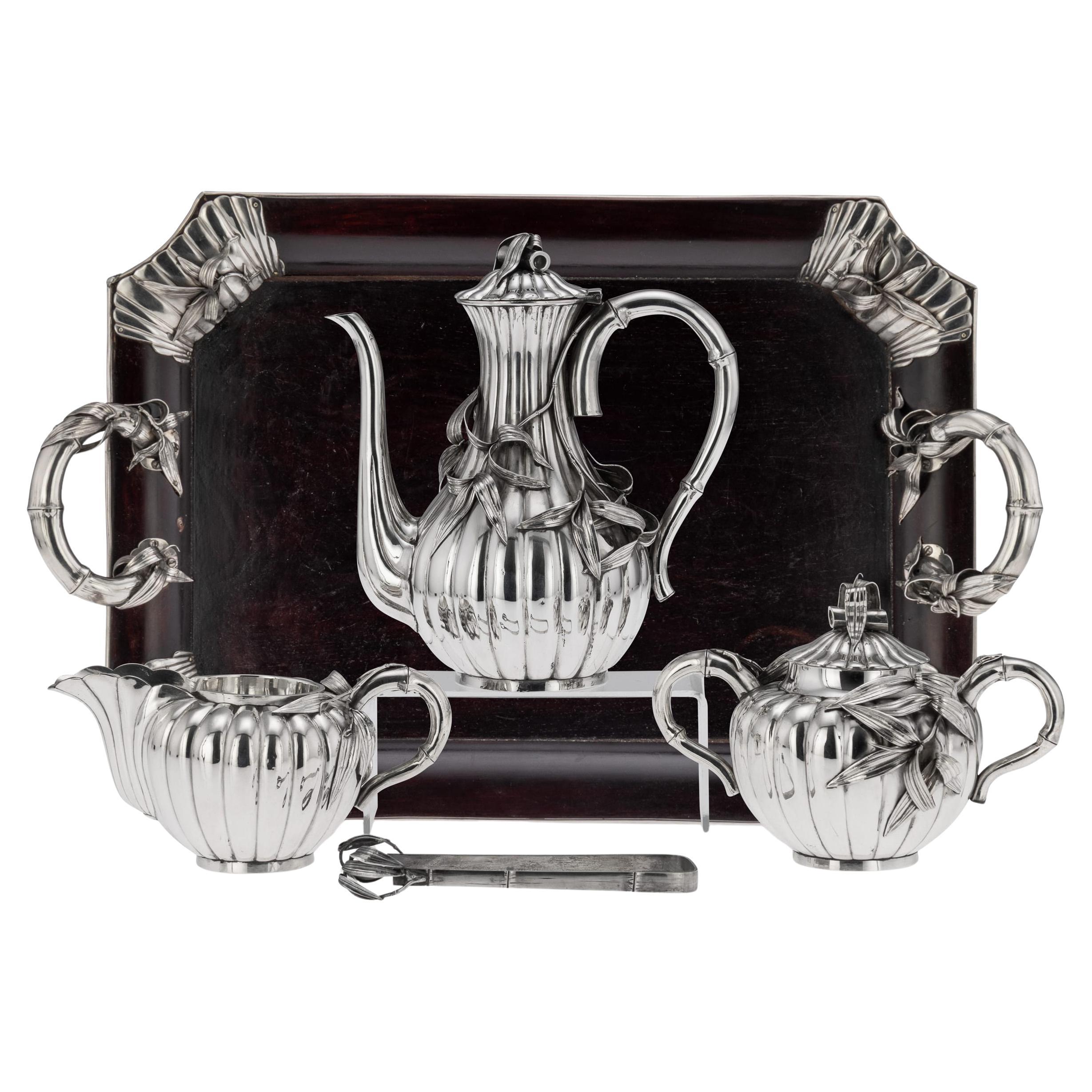 20th Century Japanese Solid Silver Coffee Set On Tray, Arthur 
Bond, c.1900