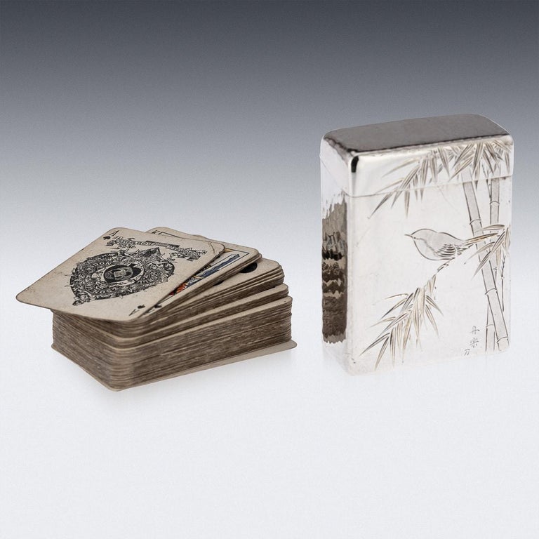 Boîte de cartes à jouer vintage en argent sterling, émail et bois
