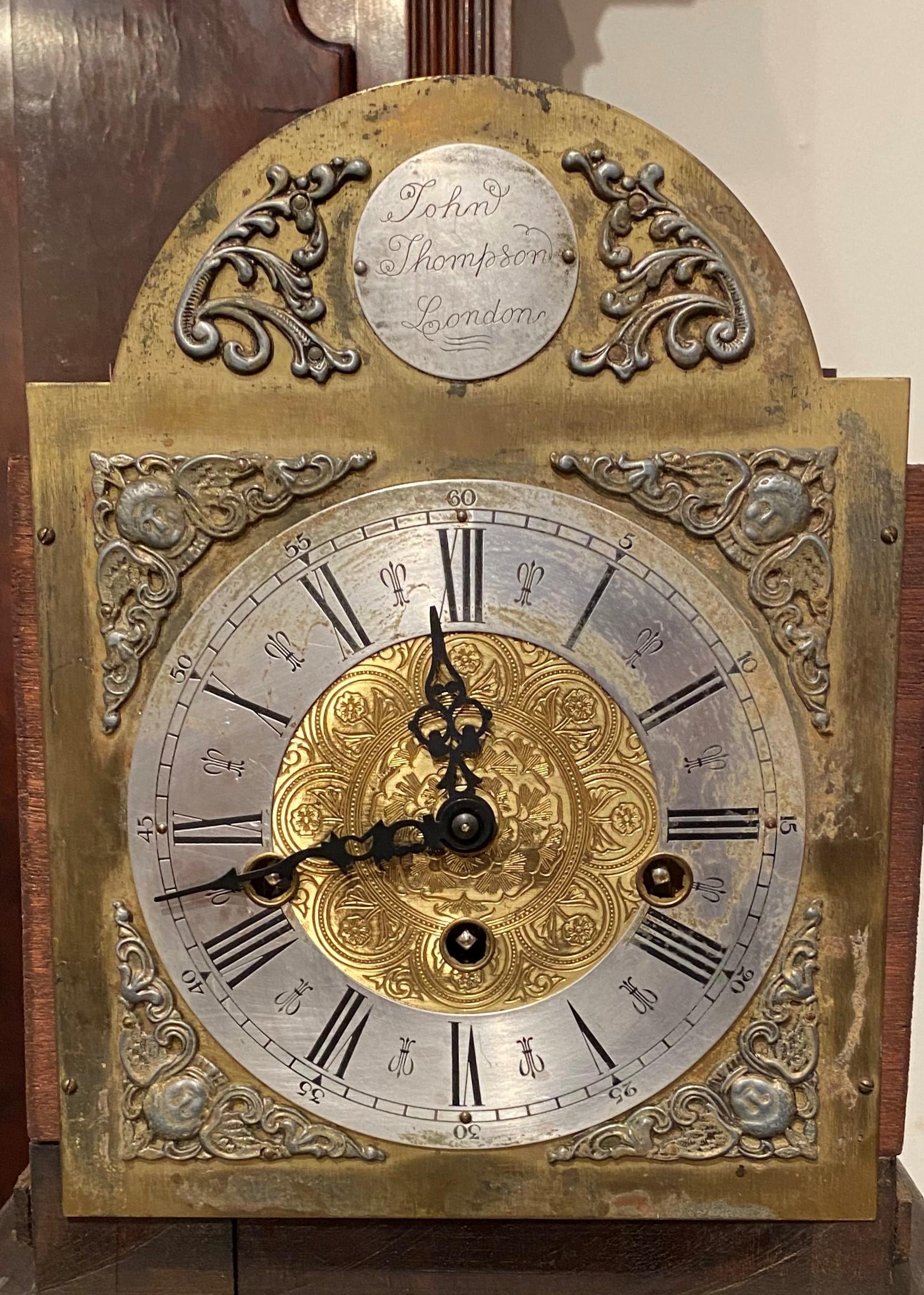 Hand-Carved 20th Century John Thompson, London, Walnut & Mahogany Grandmother Tall Clock For Sale