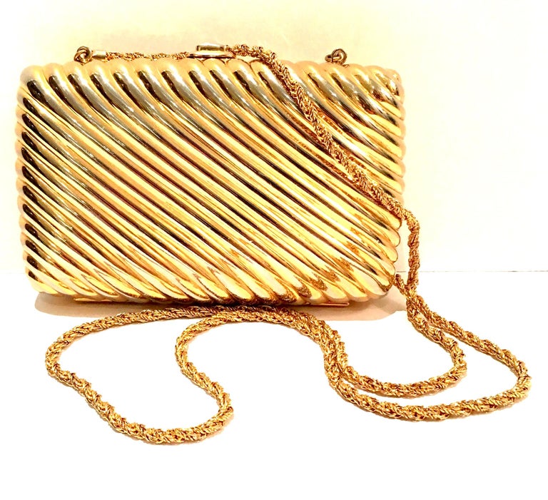 20th Century Judith Leiber Gold Gilt Ribbed Minaudière Box Clutch For