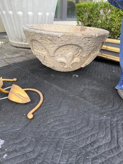 20th Century Jumbo Carved Stone Bowl w/ Fleur De Lis