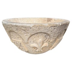 20th Century Jumbo Carved Stone Bowl w/ Fleur De Lis