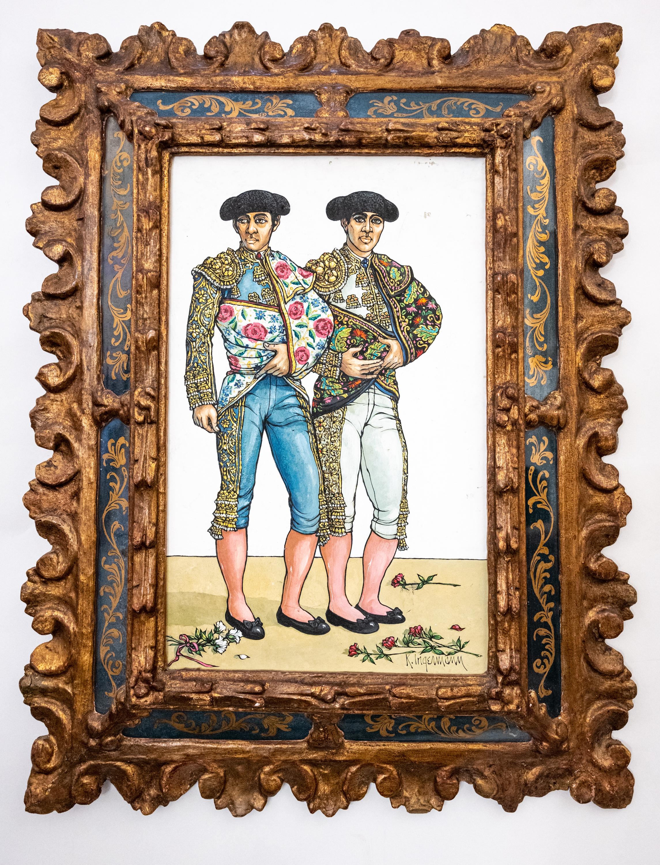 A painting by American artist Keith Ingermann (1929-2012) consisting of two men in decorated matador uniforms surrounded by an ornate wood and plaster frame with inset glass. Circa 1950s.