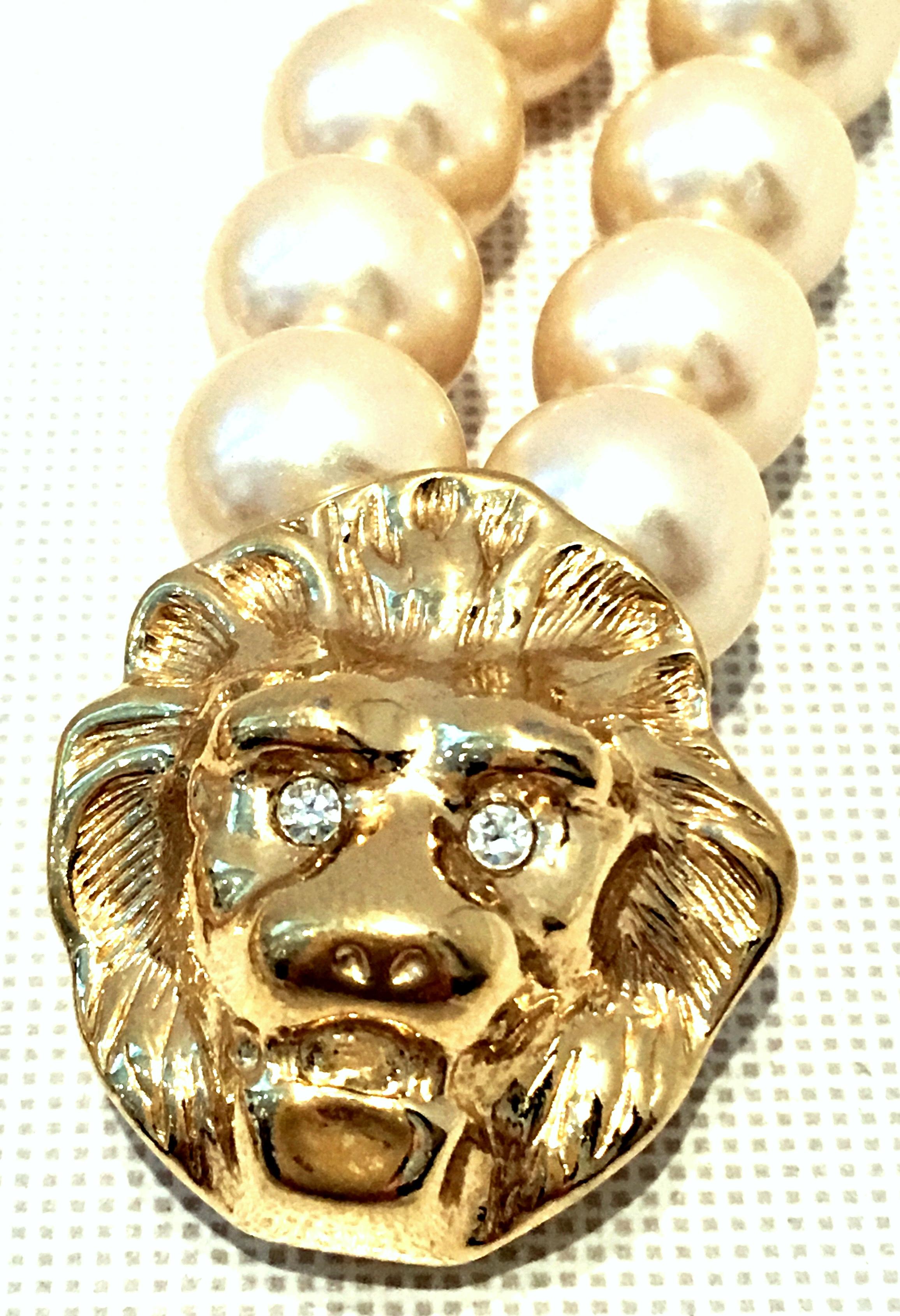Women's or Men's 20th Century Kenneth Jay Lane Double Strand Faux Pearl & Gold Lion Head Necklace