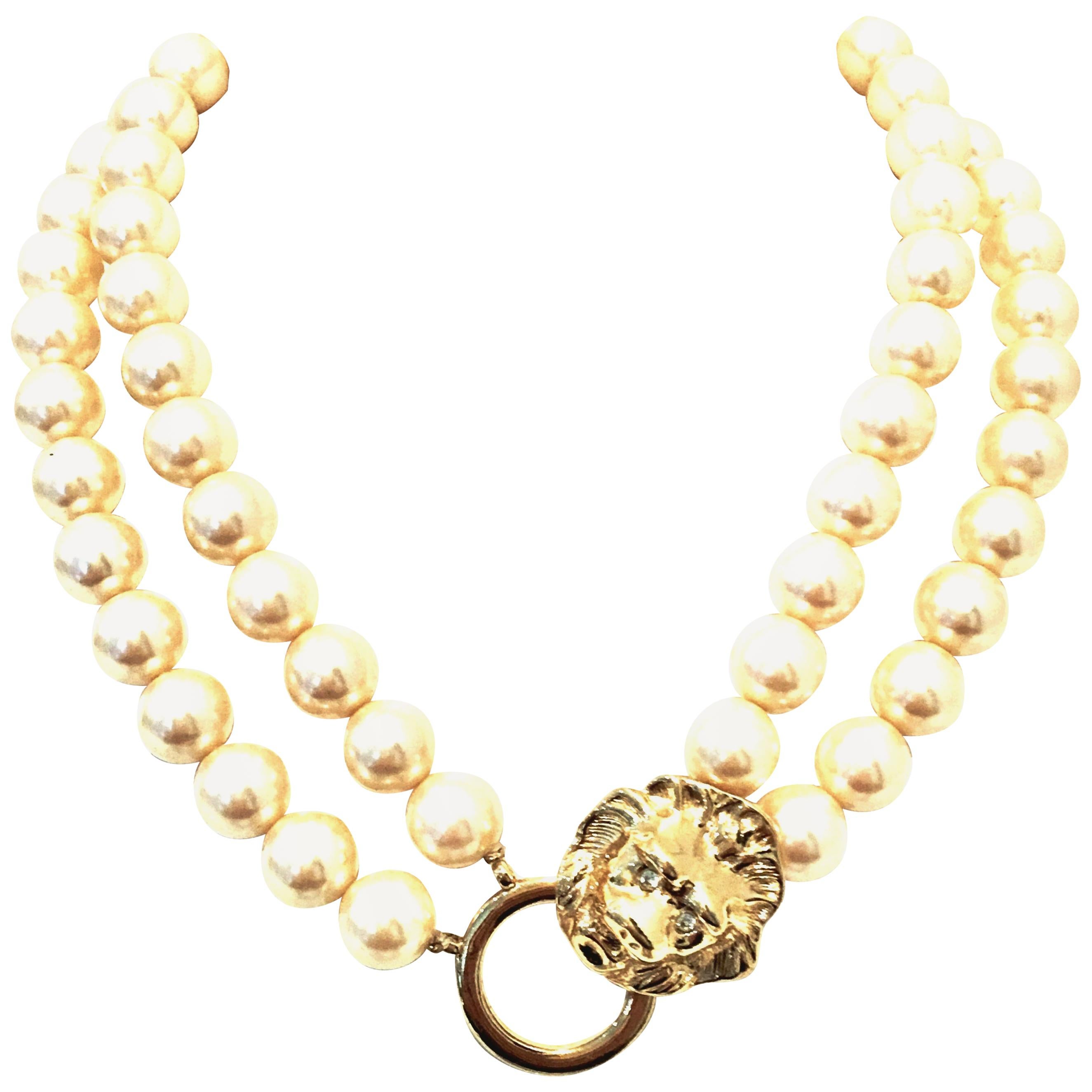20th Century Kenneth Jay Lane Double Strand Faux Pearl & Gold Lion Head Necklace