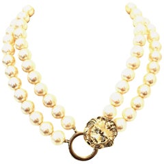 Vintage 20th Century Kenneth Jay Lane Double Strand Faux Pearl & Gold Lion Head Necklace