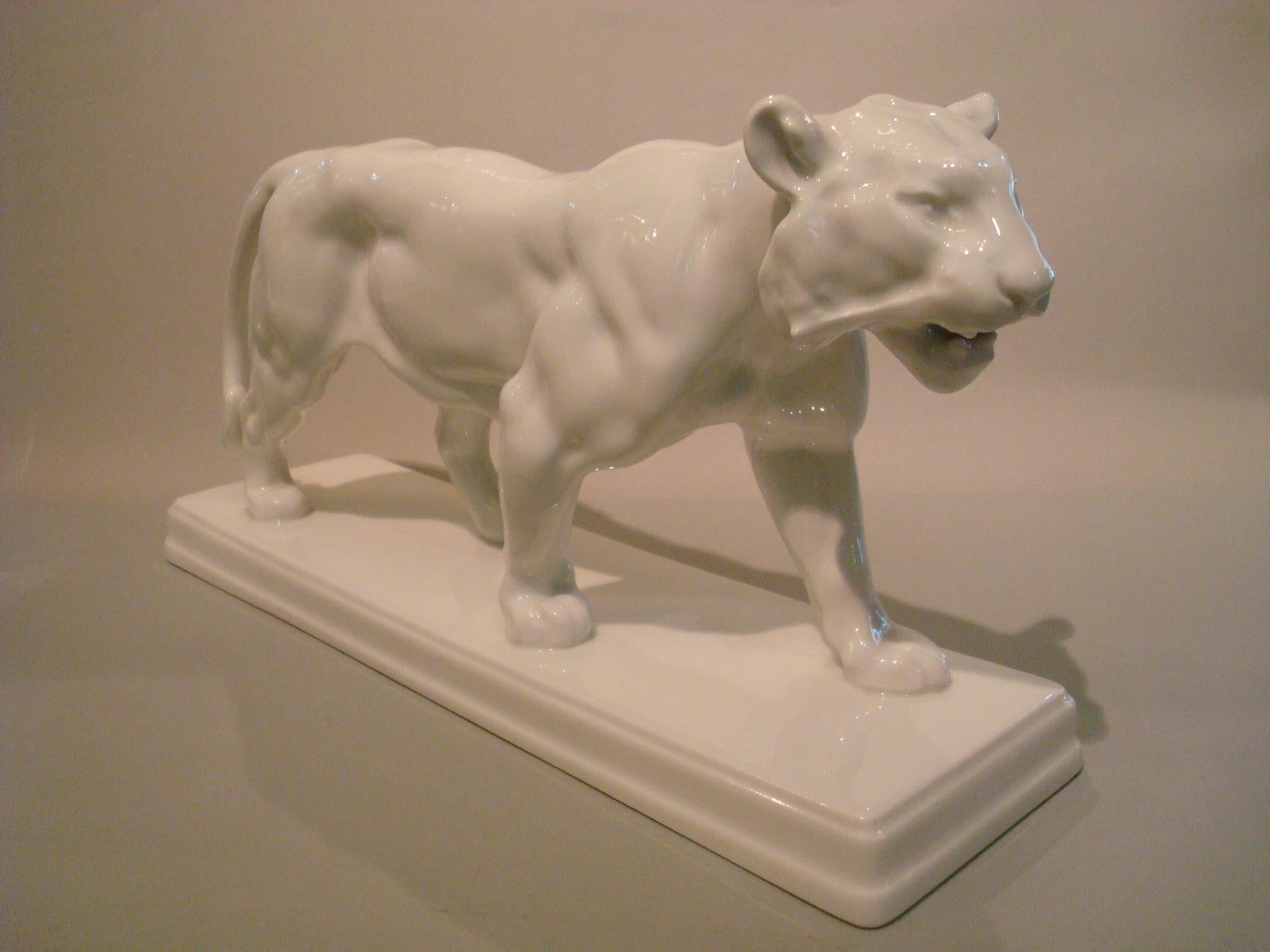 Mid-Century Modern 20th Century KPM Berlin Walking White Tiger Statuette, Antoine Louis Barye For Sale