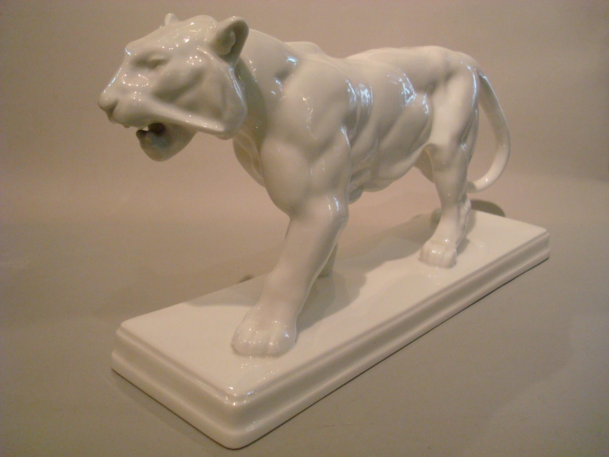 German 20th Century KPM Berlin Walking White Tiger Statuette, Antoine Louis Barye For Sale