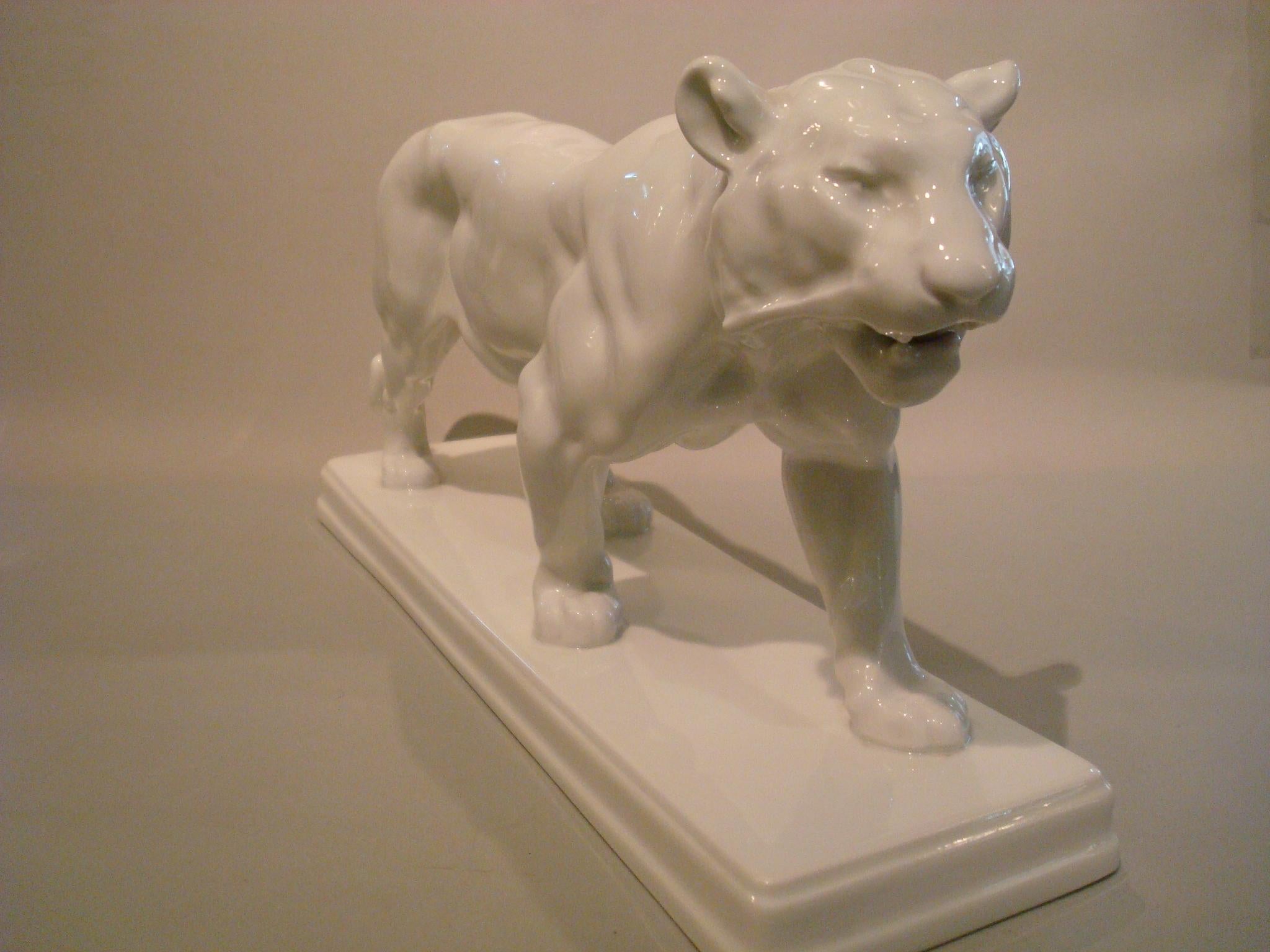 Porcelain 20th Century KPM Berlin Walking White Tiger Statuette, Antoine Louis Barye For Sale