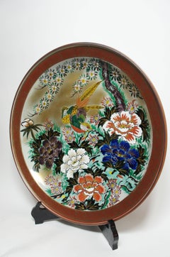 Japanese Peony and Birds Painting on Porcelain Kutani Large Plate, 1950s