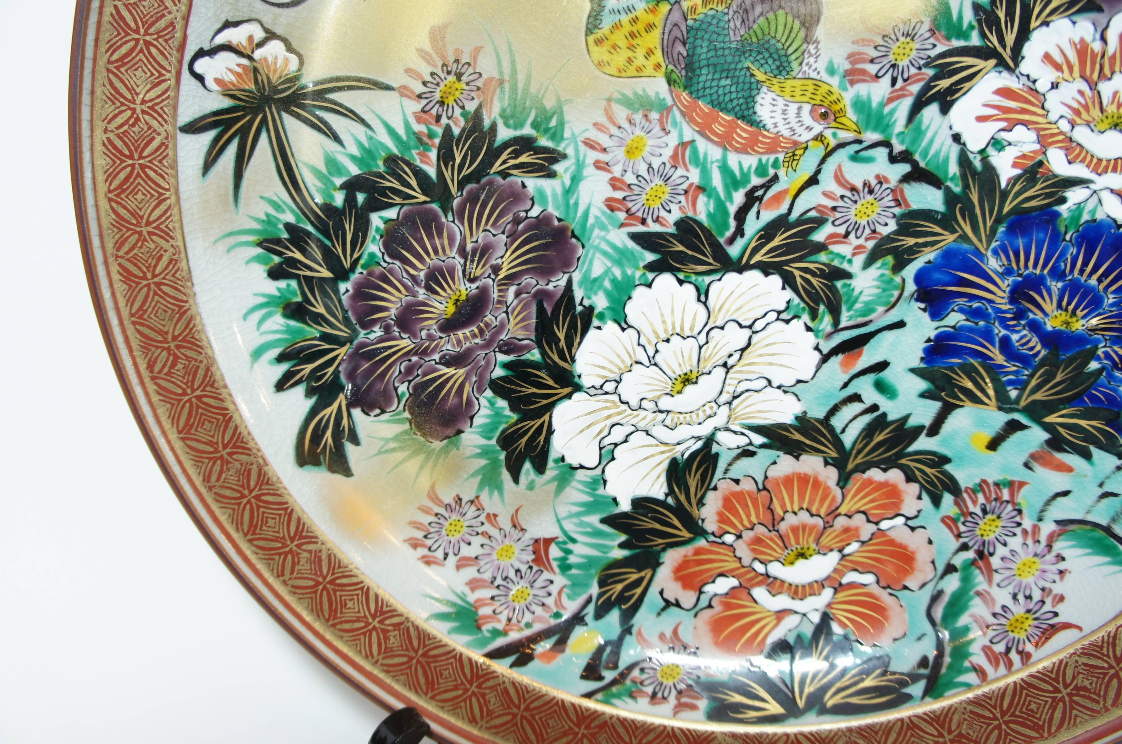 Hand-Crafted Japanese Peony and Birds Painting on Porcelain Kutani Large Plate, 1950s For Sale