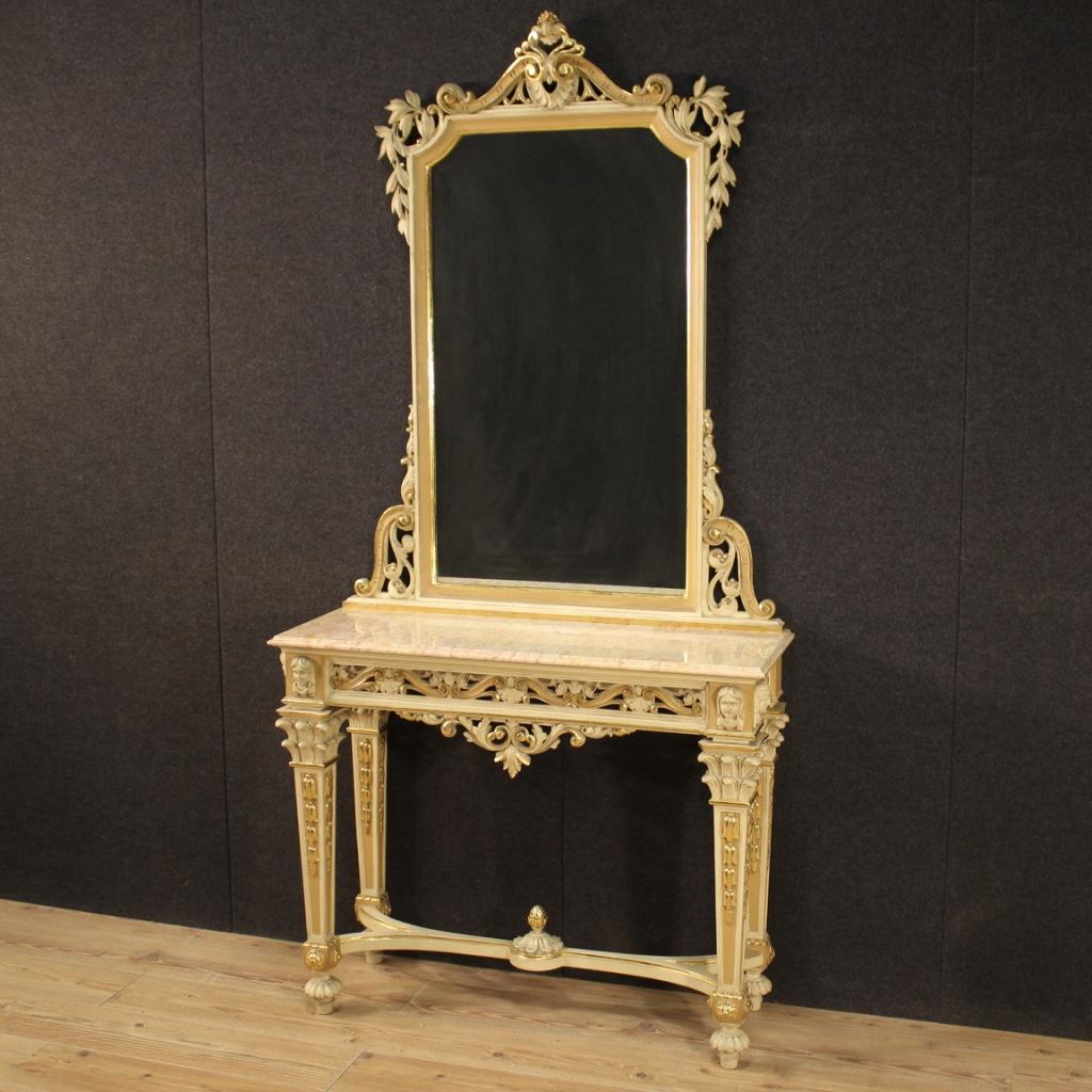 20th Century Lacquered and Giltwood Italian Louis XVI Style Console with Mirror 7