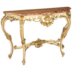 20th Century Lacquered and Gilt Wood Marble Top Italian Louis XV Style Console