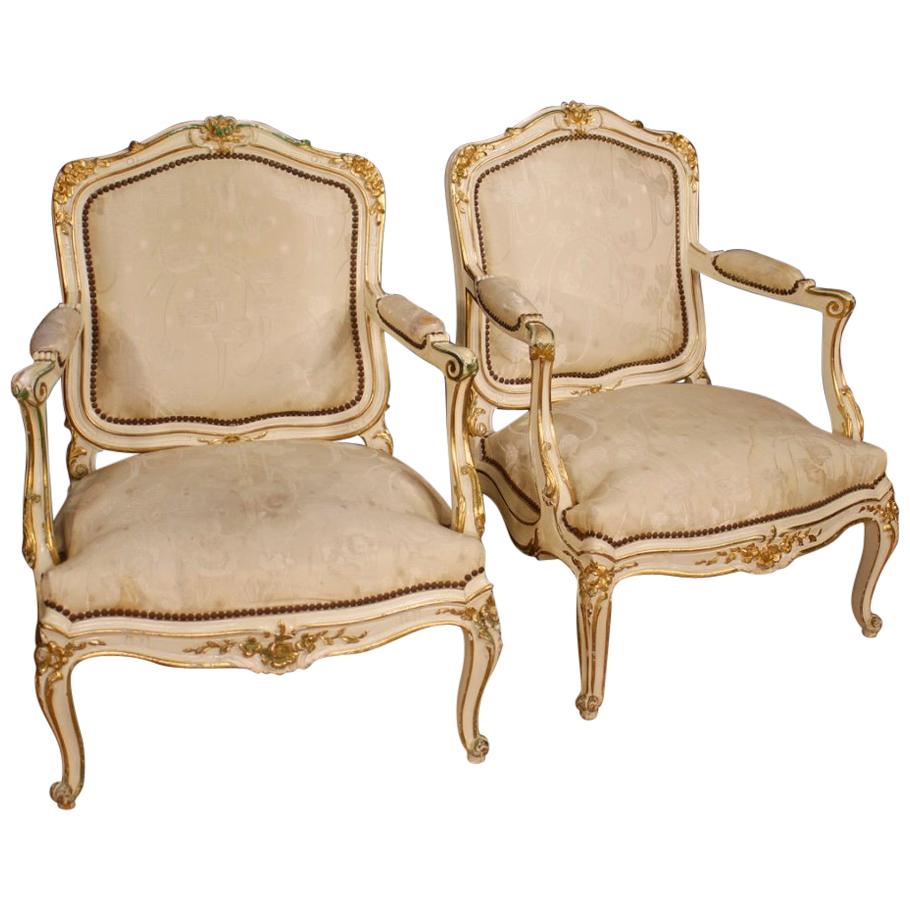 Pair of 20th Century Lacquered and Gilt Wood French Armchairs, 1960