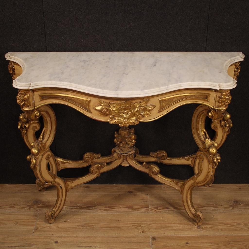 Louis Philippe 20th Century Lacquered and Giltwood with Marble-Top Italian Console, 1950