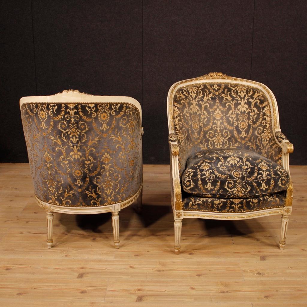 20th Century Lacquered and Giltwood with Velvet Pair of Italian Armchairs, 1960 4