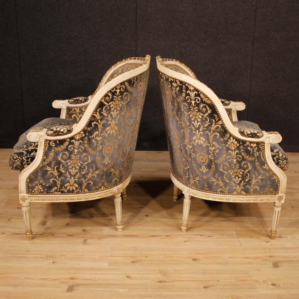 20th Century Lacquered and Giltwood with Velvet Pair of Italian Armchairs, 1960 5