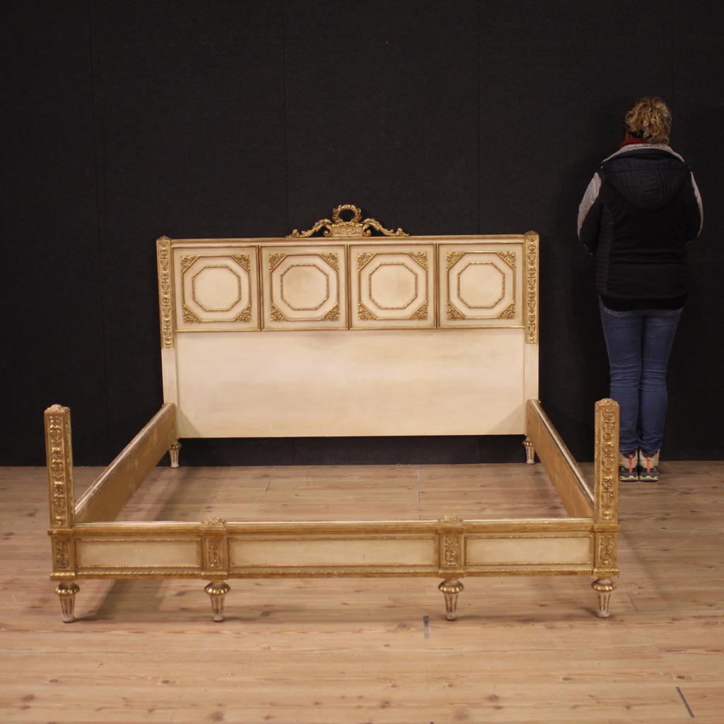 Italian 20th Century Lacquered and Gold Wood Louis XVI Style Double Bed, 1950s For Sale
