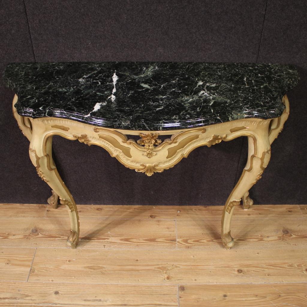 20th Century Lacquered and Gold Wood Marble Top Italian Console Table, 1950 In condizioni buone in vendita a Vicoforte, Piedmont