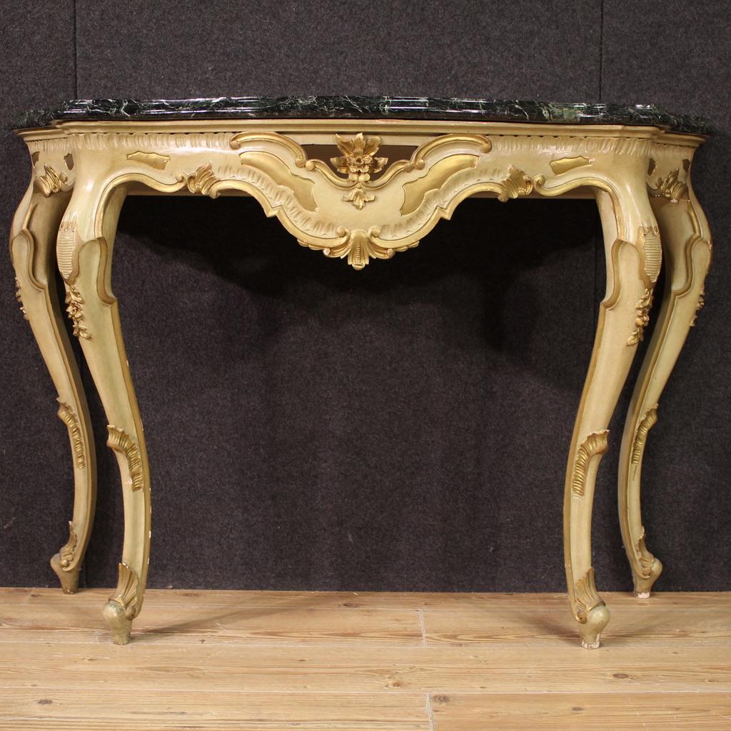 Mid-20th Century 20th Century Lacquered and Gold Wood Marble Top Italian Console Table, 1950 in vendita