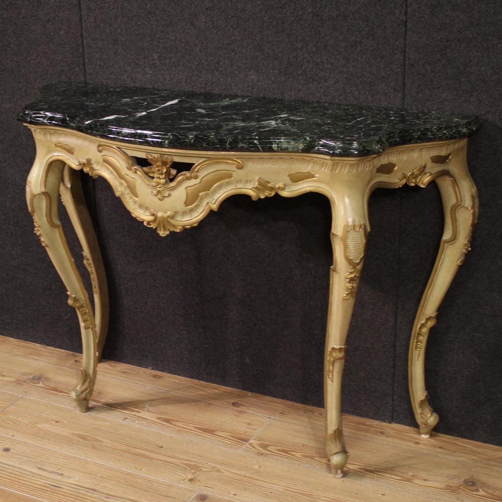 Marmo 20th Century Lacquered and Gold Wood Marble Top Italian Console Table, 1950 in vendita
