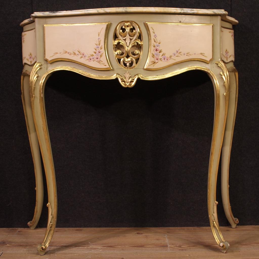 20th Century Lacquered and Gold Wood Marble Top Italian Console Table, 1960s For Sale 5