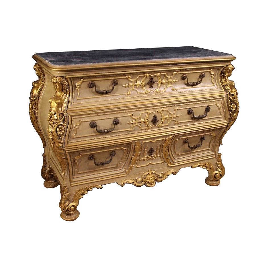 20th Century Lacquered and Gold Wood with Marble Top Italian Chest of Drawers For Sale