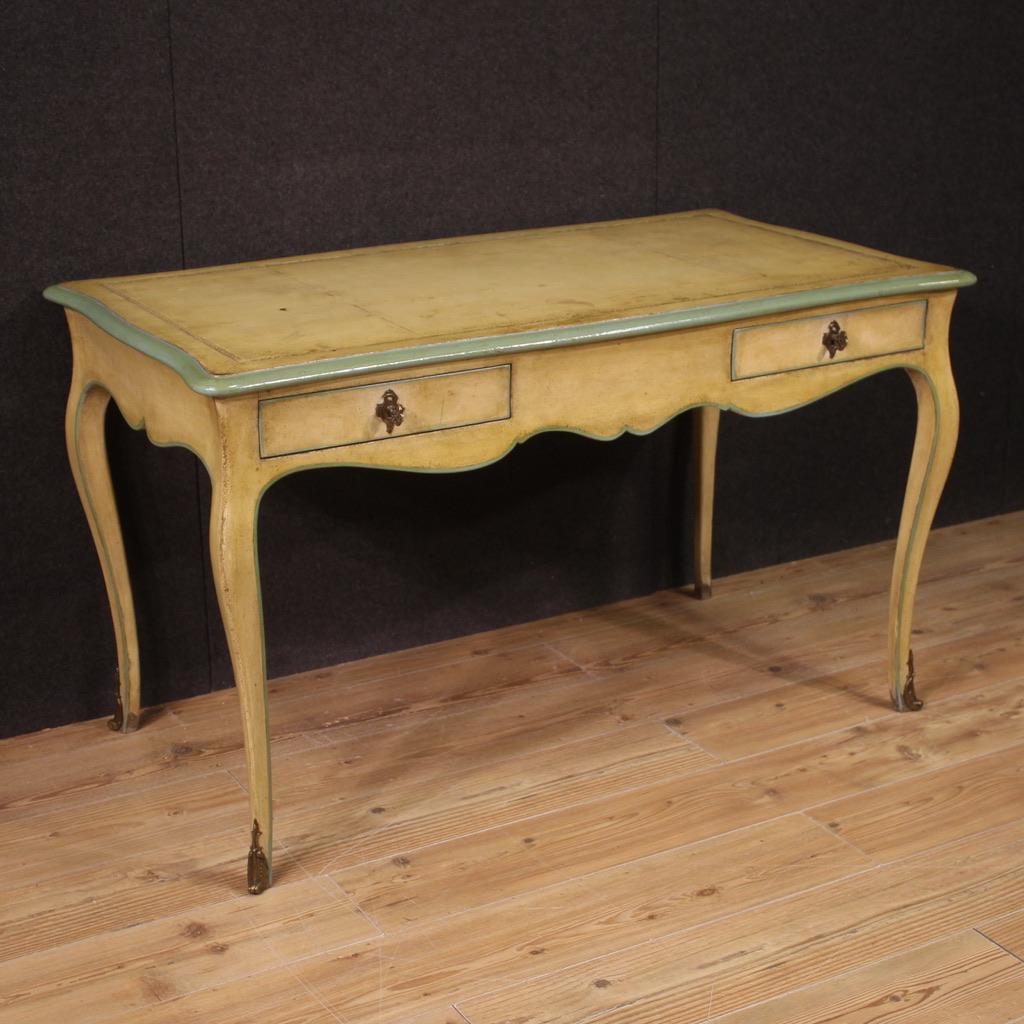 Elegant French desk from the mid-20th century. Louis XVI style furniture finely sculpted, lacquered and painted, enriched with gilded and chiselled bronze. Desk finished for the center, equipped with two front drawers of good capacity. Drawers
